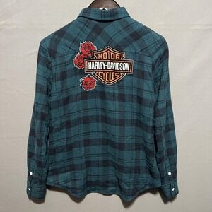 Harley-Davidson Shirt Womens Small Green Plaid Sherpa Lined Flannel Roses